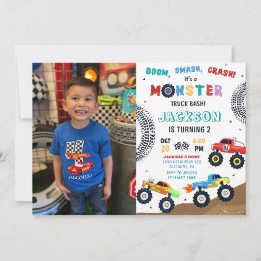 Monster Truck Racing Car Kids Verjaardag Foto Kaart (Voorkant)