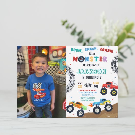 Monster Truck Racing Car Kids Verjaardag Foto Kaart (Staand voorkant)