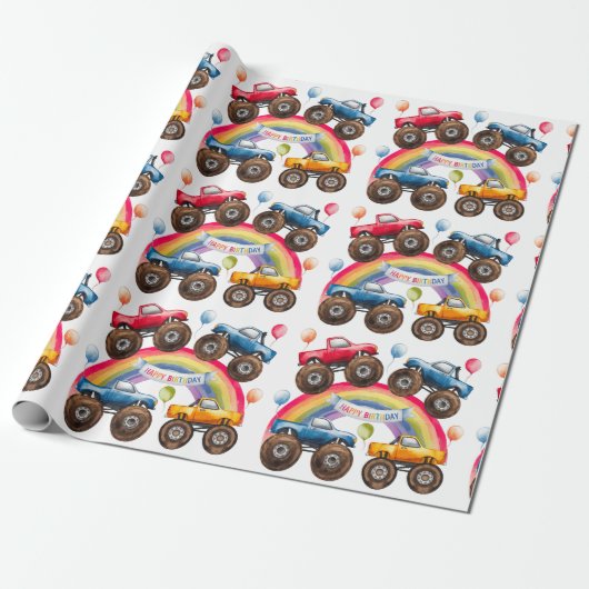 Monster Truck Rainbow Boy Verjaardag Bash Cadeaupapier (Uitgerold)
