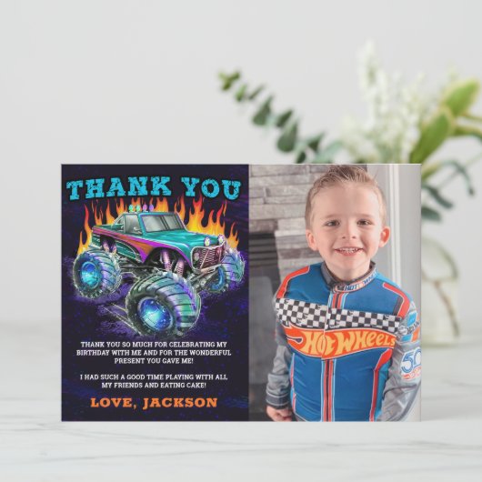Monster Truck Rally Jongens Verjaardagsfoto Bedankkaart (Staand voorkant)