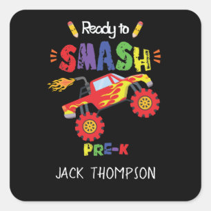 Monster Truck Ready to Smash Pre-K First Day Vierkante Sticker