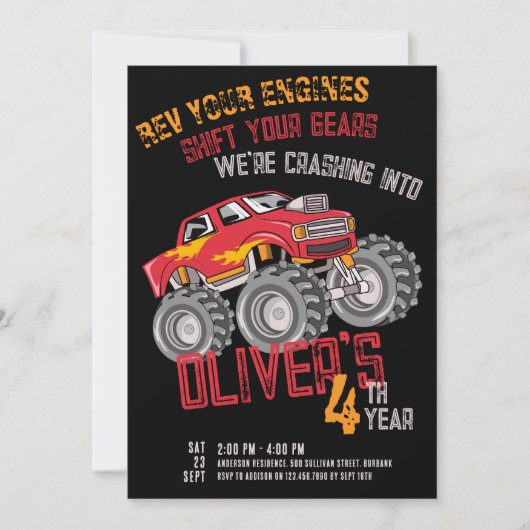 Monster Truck Rev Your Engines Birthday Party Kaart (Voorkant)