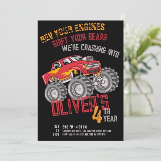 Monster Truck Rev Your Engines Birthday Party Kaart (Staand voorkant)