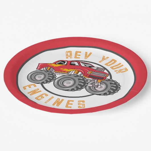 Monster Truck Rev Your Engines Birthday Party Papieren Bordje (Gekanteld)
