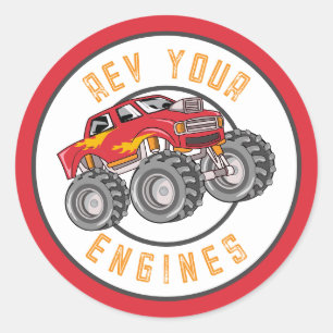 Monster Truck Rev Your Engines Birthday Party Ronde Sticker