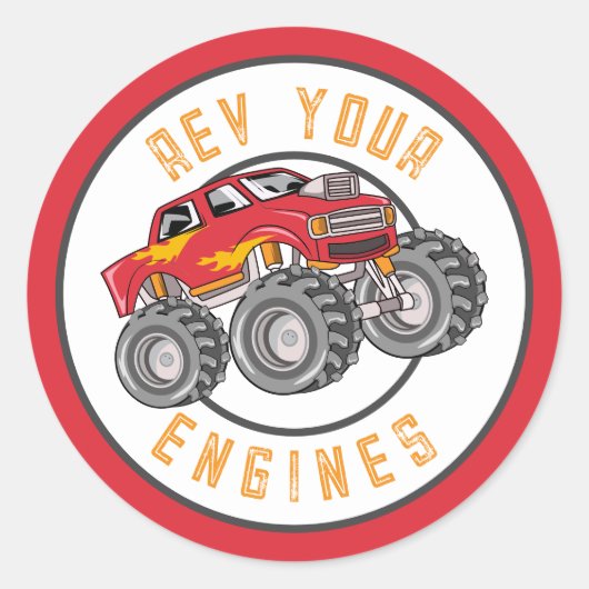 Monster Truck Rev Your Engines Birthday Party Ronde Sticker (Voorkant)