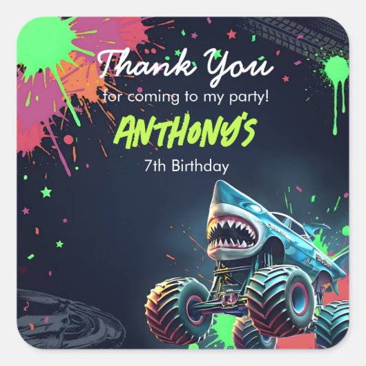 Monster Truck Shark Birthday Napkins Vierkante Sticker (Voorkant)