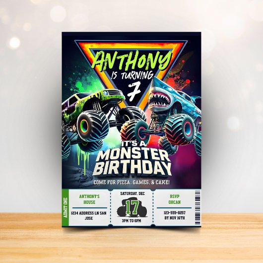 Monster Truck Shark invitation Boy Party Kaart
