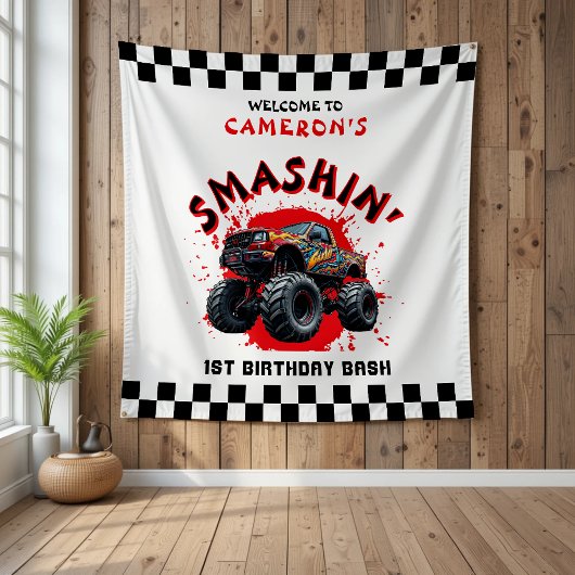 Monster Truck Smash Checkered 1st Verjaardag Welko Wandkleed