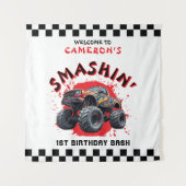 Monster Truck Smash Checkered 1st Verjaardag Welko Wandkleed (Voorkant)