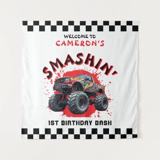 Monster Truck Smash Checkered 1st Verjaardag Welko Wandkleed (Voorkant)