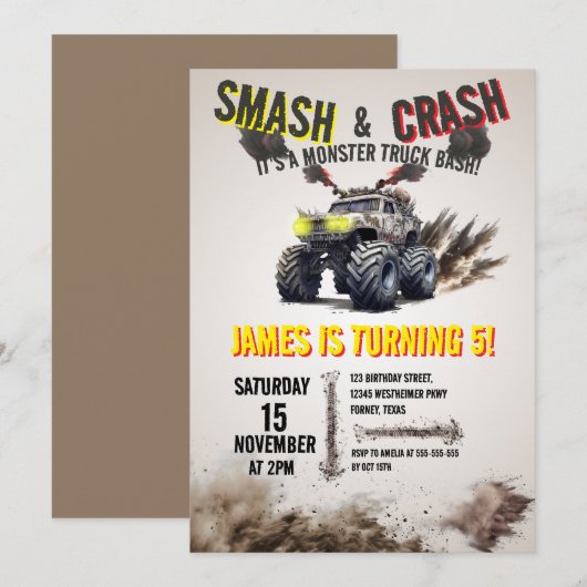 Monster Truck SMASH & CRASH Bash Verjaardagsfeestj Kaart (Voorkant / Achterkant)