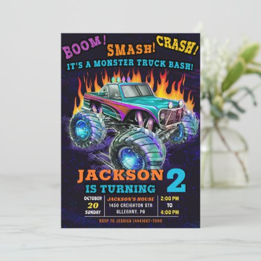 Monster Truck Smash Crash Jongen Verjaardagsfeestj Kaart (Staand voorkant)