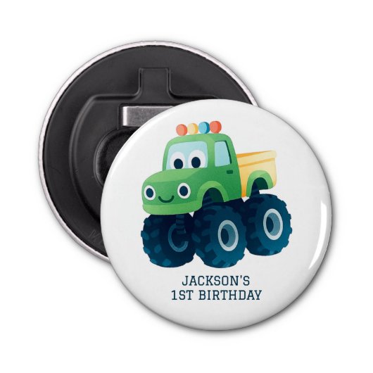Monster Truck Smash en Crash Verjaardag Button Flesopener (Voorkant)