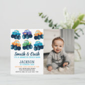 Monster Truck Smash en Crash Verjaardagsfoto Kaart (Staand voorkant)