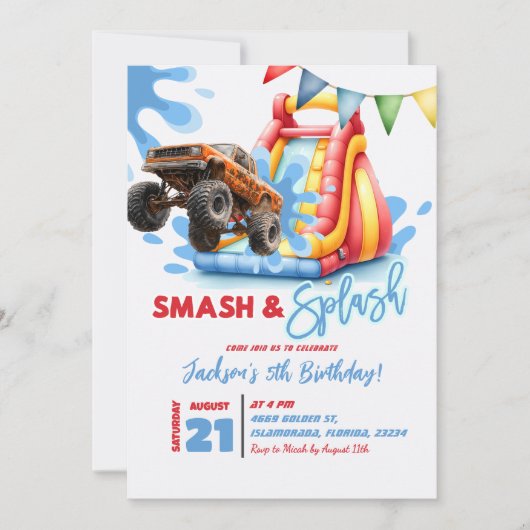 Monster Truck Smash en Splash Pool Party Verjaarda Kaart (Voorkant)