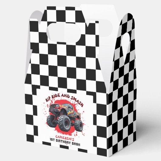 Monster Truck Smash Geruite Vlag 1e verjaardag Bedankdoosjes (Geopend)
