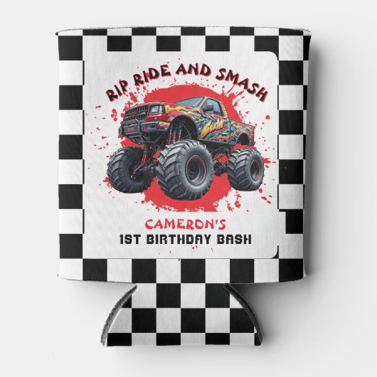Monster Truck Smash Geruite Vlag 1e verjaardag Blikjeskoeler (Voorkant)