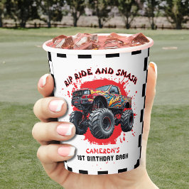 Monster Truck Smash Geruite Vlag 1e verjaardag Papieren Bekers
