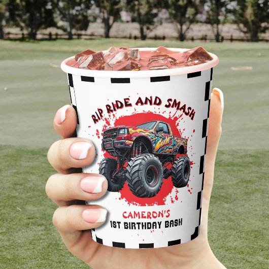 Monster Truck Smash Geruite Vlag 1e verjaardag Papieren Bekers