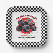 Monster Truck Smash Geruite Vlag 1e verjaardag Papieren Bordje (Voorkant)