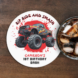 Monster Truck Smash Geruite Vlag 1e verjaardag Ronde Kartonnen Onderzetter