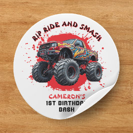 Monster Truck Smash Geruite Vlag 1e verjaardag Ronde Sticker