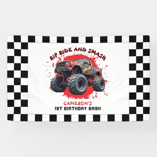 Monster Truck Smash Geruite Vlag 1e verjaardag Spandoek (Horizontaal)