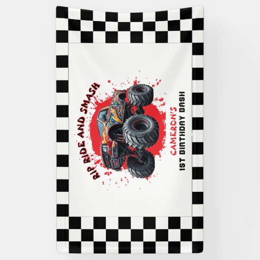 Monster Truck Smash Geruite Vlag 1e verjaardag Spandoek (Verticaal)
