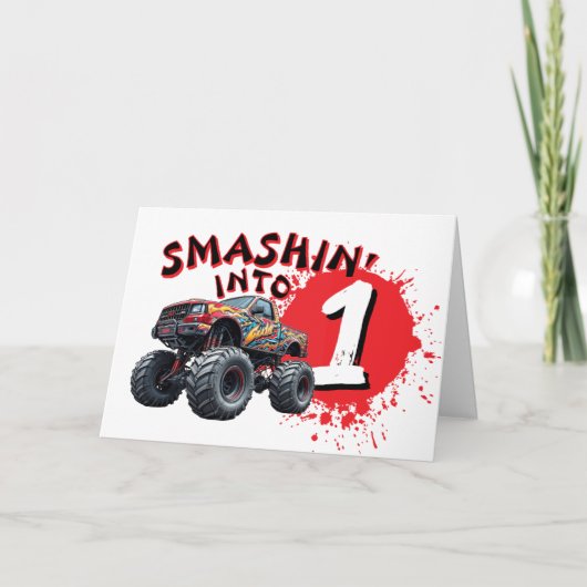 Monster Truck Smash Kinder Gelukkige 1ste Verjaard Kaart (Voorkant)