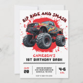 Monster Truck Smash Rood 1e Verjaardagsfeest Kaart (Voorkant)