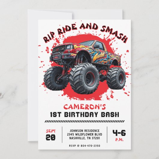 Monster Truck Smash Rood 1e Verjaardagsfeest Kaart (Voorkant)