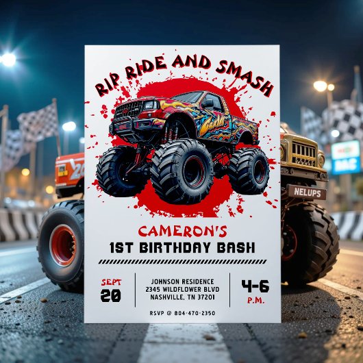 Monster Truck Smash Rood 1e Verjaardagsfeest Kaart