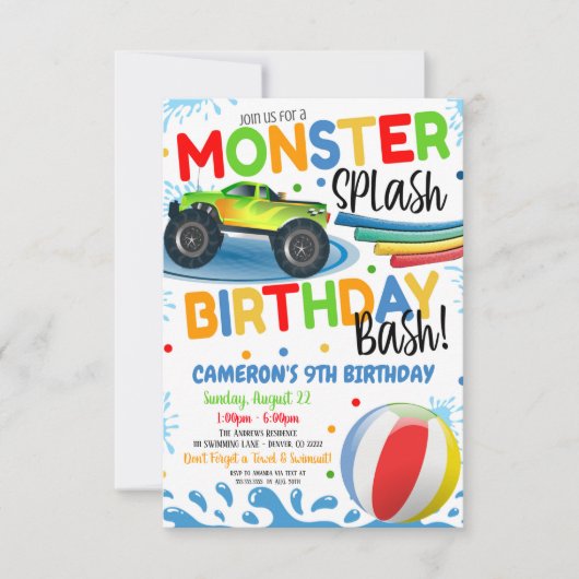 Monster Truck Splash Birthday Bash nodigt uit Kaart (Voorkant)