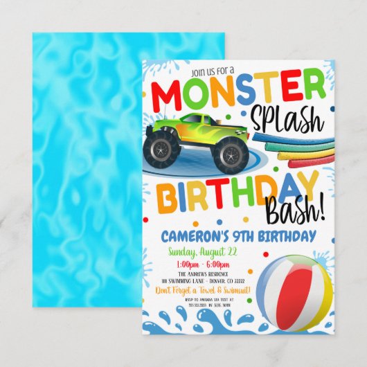 Monster Truck Splash Birthday Bash nodigt uit Kaart (Voorkant / Achterkant)