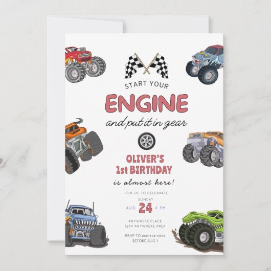 Monster truck, start your engine boy 1st birthday kaart (Voorkant)