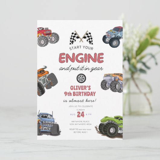Monster truck, start your engine boy 9th birthday kaart (Staand voorkant)