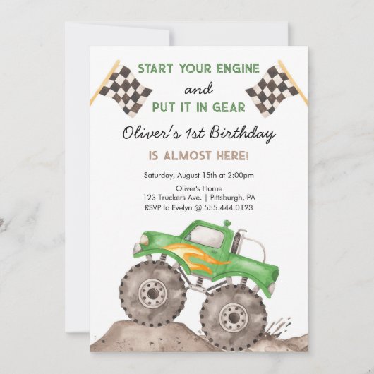 Monster Truck, Start Your Engine Boys 1st Birthday Kaart (Voorkant)