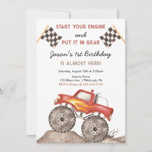Monster Truck, Start Your Engine Boys 1st Birthday Kaart (Voorkant)