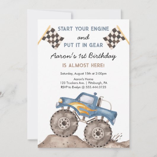 Monster Truck, Start Your Engine Boys 1st Birthday Kaart (Voorkant)
