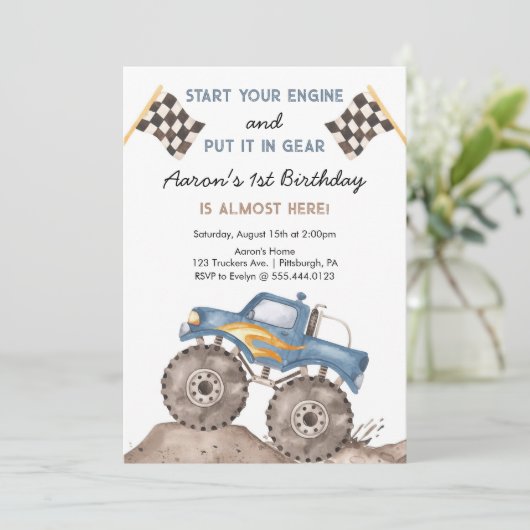 Monster Truck, Start Your Engine Boys 1st Birthday Kaart (Staand voorkant)