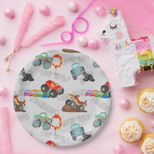 Monster Truck Stunts Waterverf Pattern Grey Papieren Bordje (Feest)