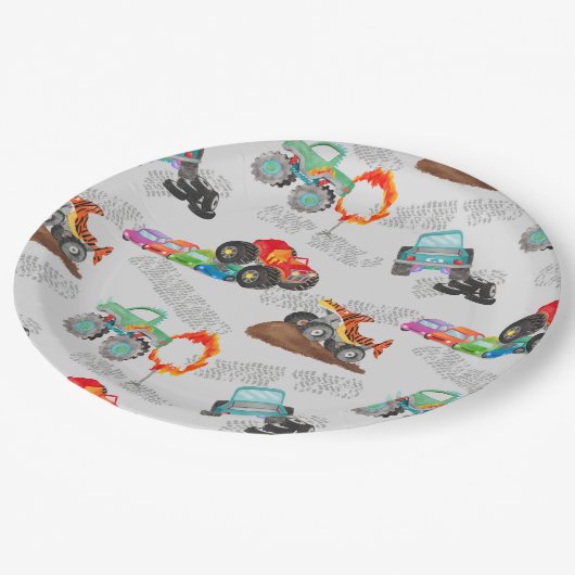 Monster Truck Stunts Waterverf Pattern Grey Papieren Bordje (Gekanteld)