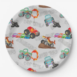 Monster Truck Stunts Waterverf Pattern Grey Papieren Bordje