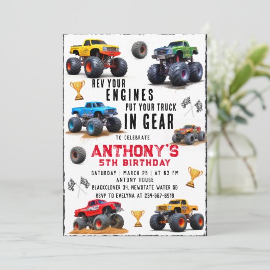 Monster Truck Team Verjaardagsfeestje Uitnodiging (Staand voorkant)