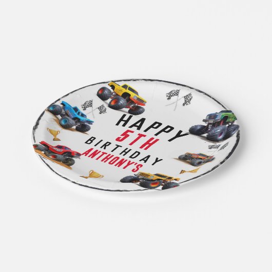 Monster Truck Team Verjaardagsfeestje Uitnodiging Papieren Bordje (Gekanteld)