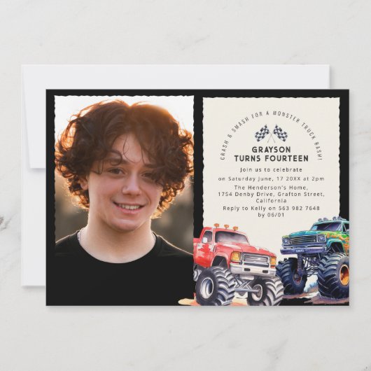 Monster Truck Thema Foto Verjaardagsfeest Kaart (Voorkant)
