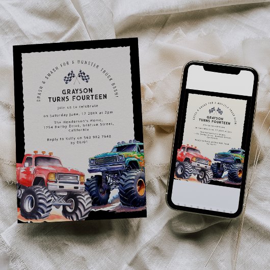 Monster Truck Thema Verjaardagsfeest Uitnodiging