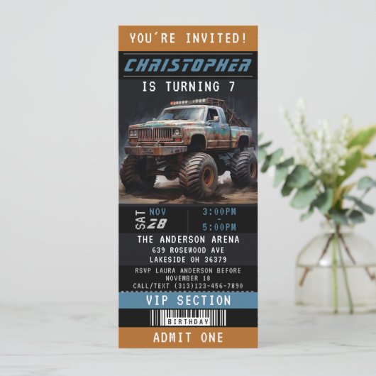 Monster Truck Ticket Birthday Party Kaart (Staand voorkant)