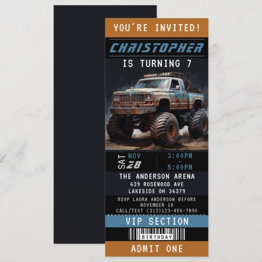 Monster Truck Ticket Birthday Party Kaart (Voorkant / Achterkant)